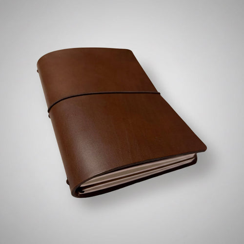 Brown leather notebook on a light gray background